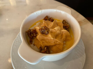 Caramel Mousse with Nougat, Rice, Cream and Lemon Peel also Called Riz Au Lait.