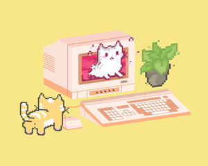 Old personal computer 1980s -1990s. Funny cats pixel art style.
