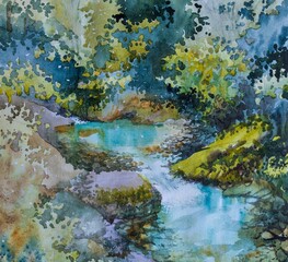 Watercolor landscape. A quiet spring evening. Young trees have dismissed the leaves of the smooth surface of a calm lake