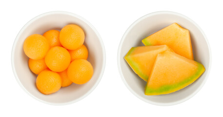 Fototapeta na wymiar Honey Cantaloupe melon slices and balls, in white bowls. Freshly cut out spheres, and triangular shaped pieces of a sweet ripe fruit. Hybrid melon of the Cucumis melo species, with orange fruit flesh.
