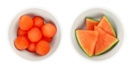 Watermelon slices and balls, in white bowls. Freshly cut out spheres, and triangular shaped pieces of ripe and seedless Citrullus lanatus, a sweet, aromatic, juicy fruit, with intense red fruit flesh.