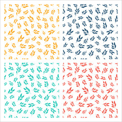 Set of 4 white seamless patterns with colorful leaves