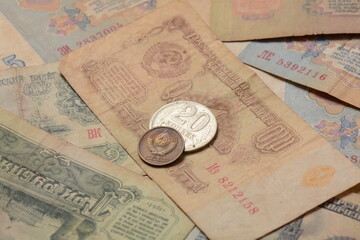 Old money USSR, Old Soviet coins and banknotes. Abstract money background