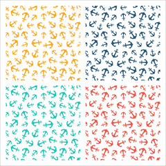 Set of 4 white seamless patterns with colorful anchors