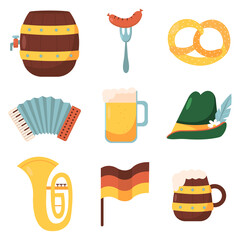 Vector set of Oktoberfest icons: german beer, pretzel, sausage. Collection for folk festival in Germany. Munich symbols. Food and drinks.