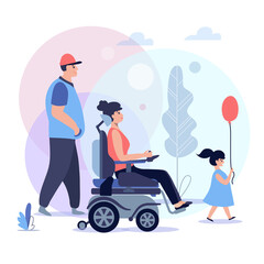 Disabled rehabilitation concept illustration, wheelchair person spending time with family,  flat vector