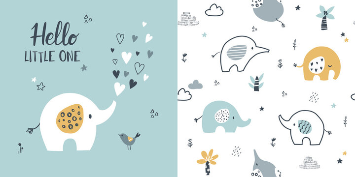 Fototapeta Сhildish pattern with little elephant, baby shower greeting card. Animal seamless background, cute vector texture for kids bedding, fabric, wallpaper, wrapping paper, textile, t-shirt print