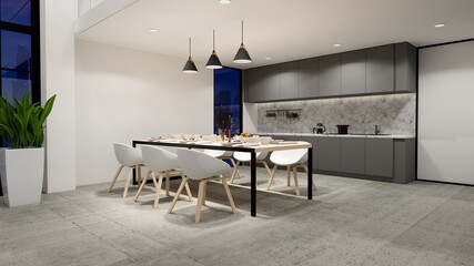 3d rendering. Interior house modern open living space with kitchen.Loft style Duplex apartment residence.Home decoration luxury  interior design.