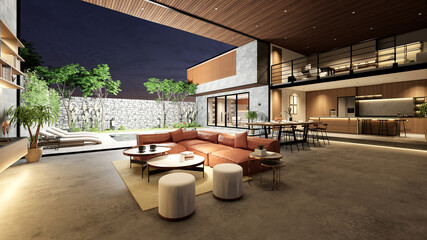 3d rendering. Interior house modern open living space with kitchen.Loft style Duplex apartment residence.Home decoration luxury  interior design.