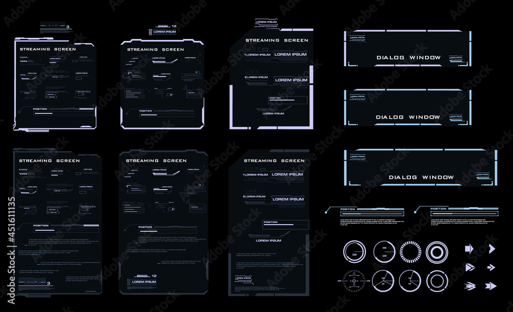 Aufkleber Set  HUD elements for the user interface. Modern dialog boxes and pointers. Digital streaming screen with HUD, GUI, UI elements