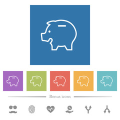 Left facing piggy bank outline flat white icons in square backgrounds