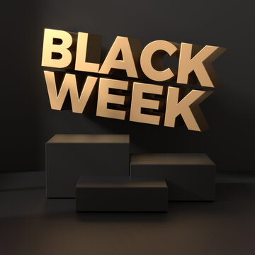 Black Week Super Sale background for product presentation. Realistic black friday podium for product showcase. Dark background golden text lettering. Product backdrop