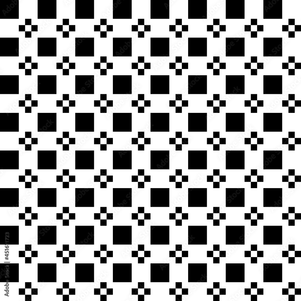 Poster black squares and small four pixels. vector repeated shape pattern on white background.