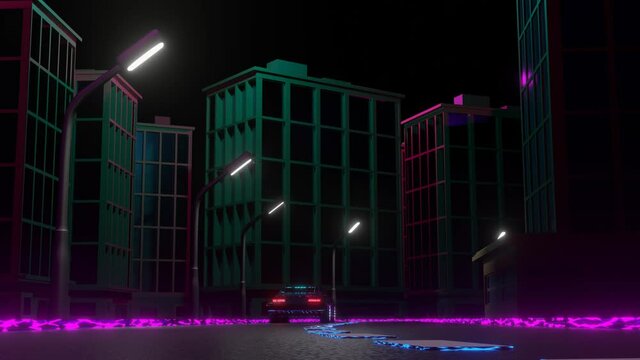 car with neon lights driving through the night city. looped animation. 3d render