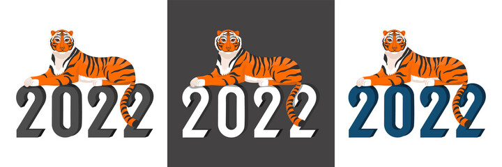 Symbol of the year 2022, Tiger lying on numbers 2022.  Set of illustrations on dark and white background. Tiger Zodiac sign.  New year greeting card template. Good for web and print.