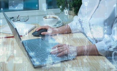 woman works at laptop. Digital marketing, IoT Internet of Things, Business and technology, software development. Double exposure, woman programmer, software developer working on