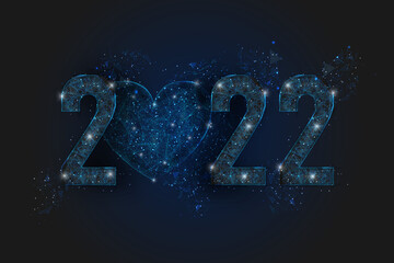 Abstract isolated blue image of new year number 2022 with heart. Polygonal low poly wireframe illustration looks like stars in the blask night sky in spase or flying glass shards. © Katsiaryna