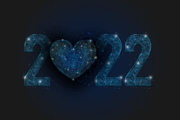 Abstract isolated blue image of new year number 2022 with heart. Polygonal low poly wireframe illustration looks like stars in the blask night sky in spase or flying glass shards. © Katsiaryna