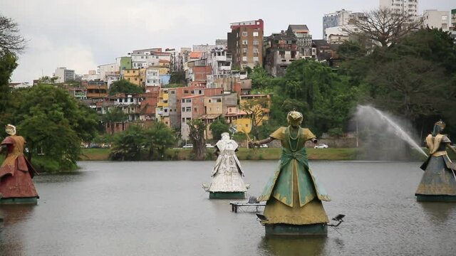 salvador, bahia, brazil - august 17, 2021: Orixa sculpture, Candomble entity, are seen in the lake of the Dique de Itororo in the city of Salvador.