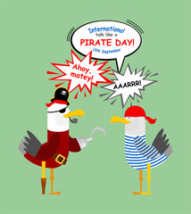 International Talk Like a Pirate Day. Gull in pirate clothes. Seagull pirate. vector illustration For holiday