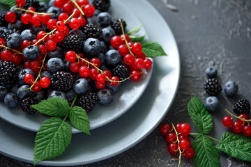 Close-up fresh blueberries, blackberries and red currant on gray concrete background. Selective focus