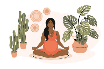 Pregnant  black woman meditates in her room or apartment. Concept yoga, meditation, relax, health, pregnancy, motherhood. Flat vector illustration. - obrazy, fototapety, plakaty