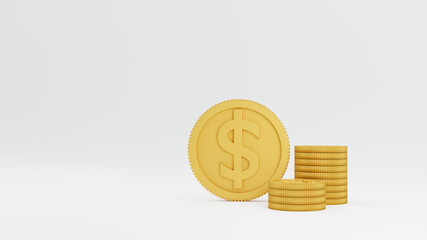 3D render stack of dollar coins on white background.