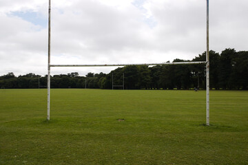 Gaelic football goal posts in the empty football field in the park, Raheny, Dublin, Ireland