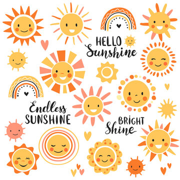 Cute sun set, funny characters with calligraphy quotes, hand drawn vector illustration