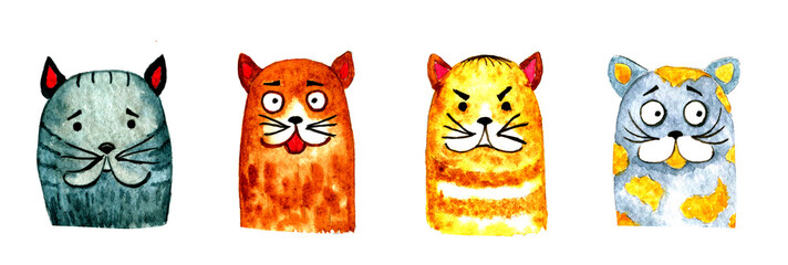 Watercolor set of funny cartoon cats for print design, package, textile. Stickers or icon set. Pets emotions.