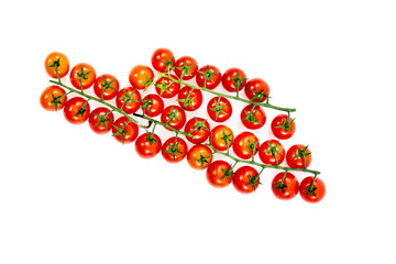 Top view image of red cherry tomatoes attached to their branches. Close-up of ripe tomatoes on white background