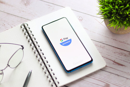 Assam, india - January 31, 2021 : Google pay business logo on phone screen stock image.