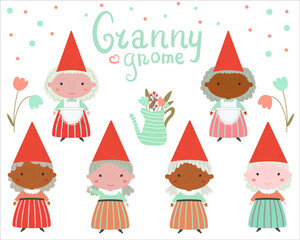 Cute cartoon granny gnomes set. Vector illustration.