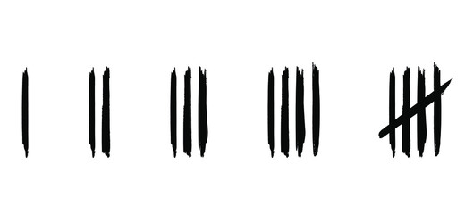 Five black tally counting marks. Cartoon brush stroke lijn pattern. Flat vector. Tally strokes. Lines symbol countings. Green, red, orange lines counting to 5.