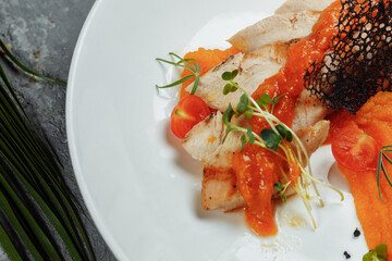 chicken fillet with apricot sauce. Summer meat dish