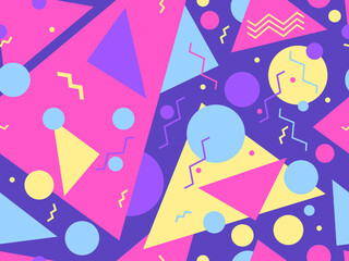 Geometric seamless pattern in 80s memphis style. Geometric shapes triangles, circles and dots. Trendy retro background for printing on paper, advertising materials and fabric. Vector illustration