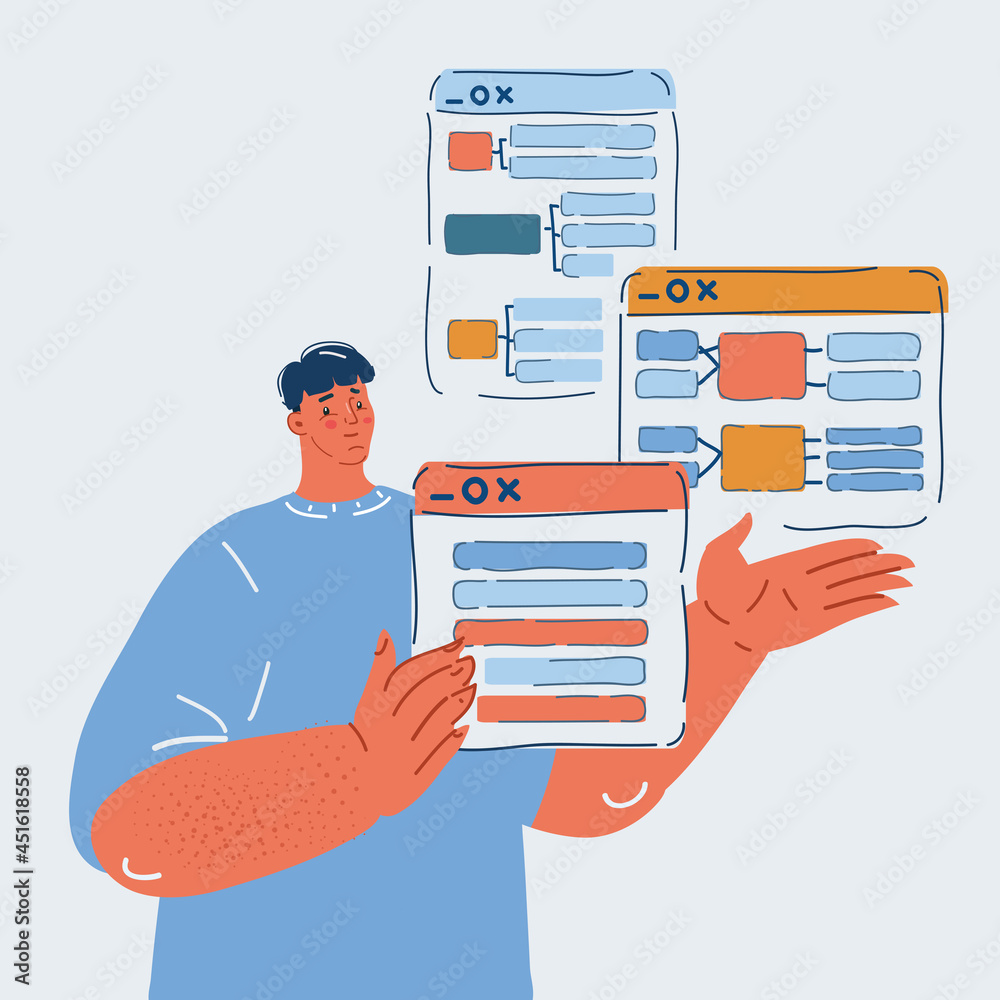 Wall mural vector illustration of startup business, software developer working and thinking about project struc