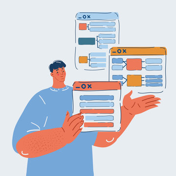 Vector illustration of startup business, software developer working and thinking about project structure, prototyping concept.