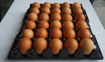 Place the eggs in a black plastic tray. (Used for packing eggs during transportation) Some eggs have condensation due to moisture. Eggs are an inexpensive, high-protein food that can make many dishes.