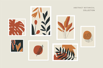 Abstract botanical collection wall art home decor. Botany collage, plants, palm leaves. Scandinavian minimalist art. Minimal art background, print, cover, story, post, social media