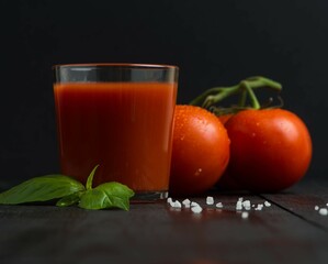 Still-life of fresh tomatoes and juice on a wooden table.

