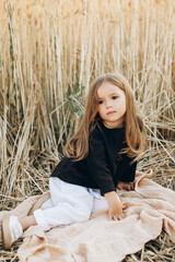 Naklejka na ściany i meble pretty 3-year-old girl walks and poses for a photo in a wheat field at sunset
