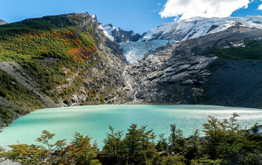 Huemul glacier, in the Patagonia of Argentina. The chalten. Beautiful blue day with some clouds