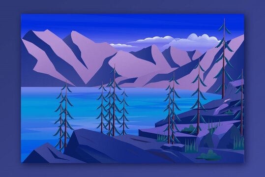 Relaxing Landscape design with trees, mountains, river and sky