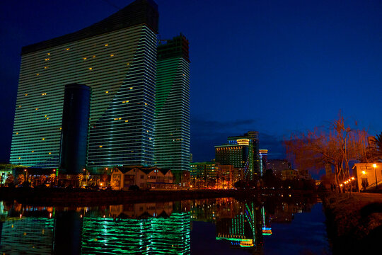 Evening view of the modern hotel complex Orbi City in the city of Batumi