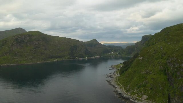 Scenic View Of Green Lush Mountains On Norwegian Fjord Near Maloy Town. - Wide Shot
