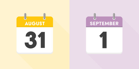 8月31日と9月1日の日めくりカレンダー：夏の終わりと秋の始まり、夏休み最終日・新学期イメージ素材