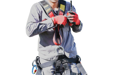 Worker standing hand holding walkie talkie, Rescue Man in climbing equipment for rescue isolated on...