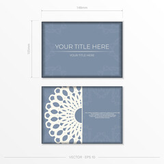 Vector Ready-to-print blue color postcard design with luxury patterns. Invitation card template with vintage ornament.