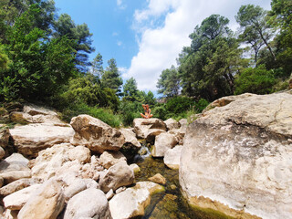 Woman wearing a bikini sitting on the rocks in the valley with Clear water mountain river